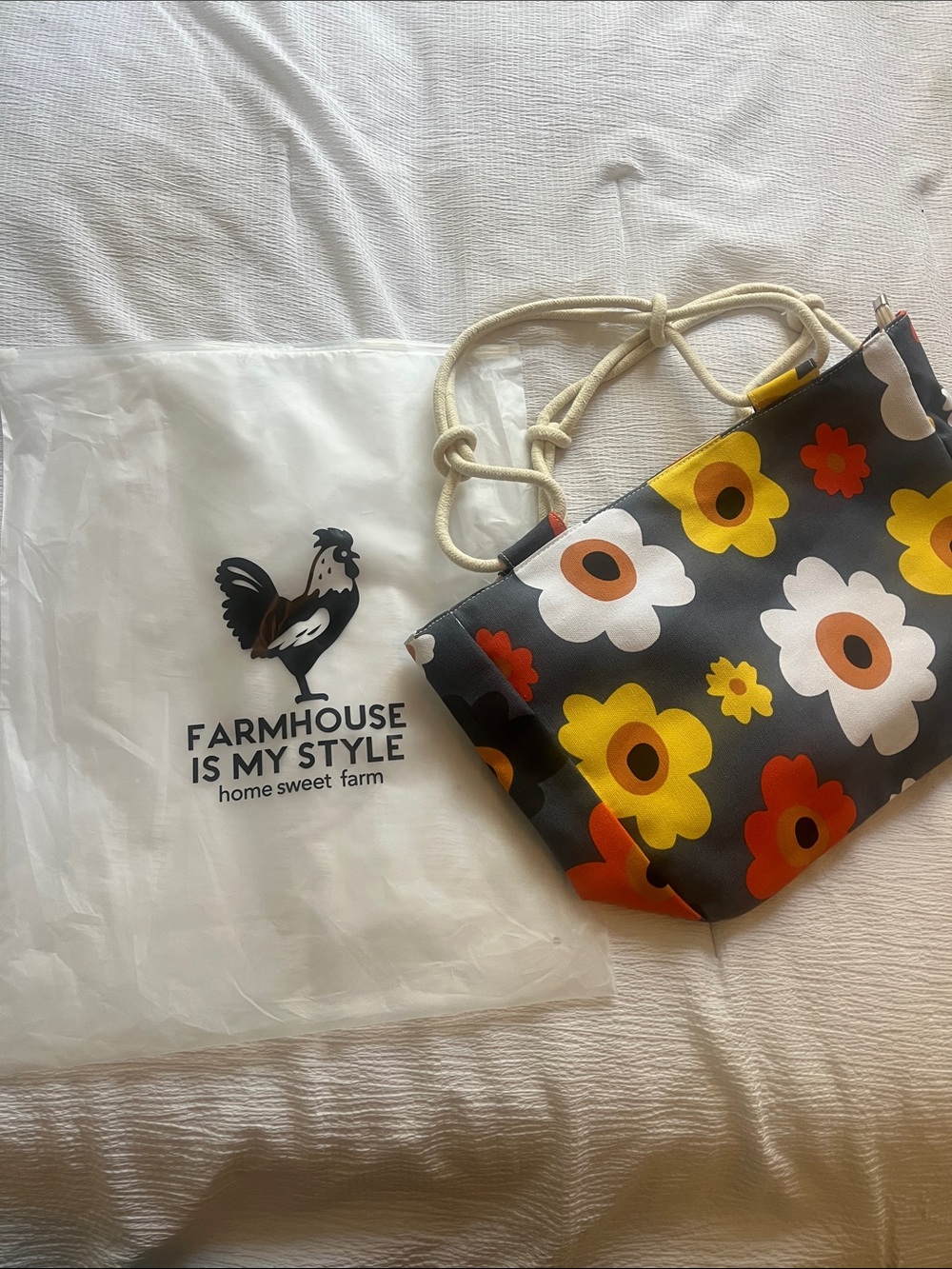 Farm House is My Style SummerBlooms Canvas Tote w/Rope Handles-GY, YW,OR WHT - Picture 2 of 4